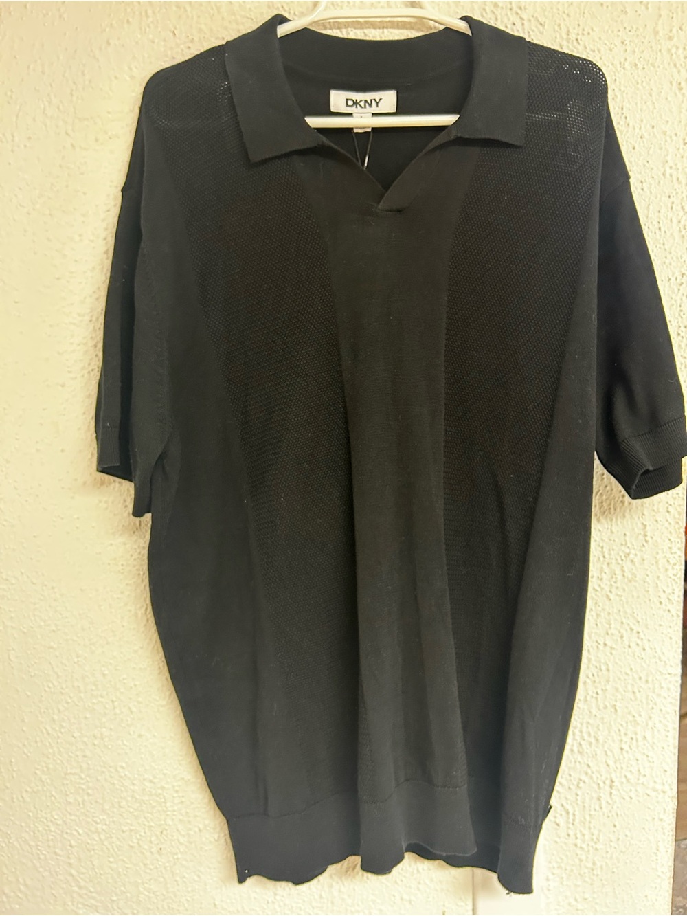 DKNY Mens Sweater Polo Shirt Short Sleeve Knit Black Size L Johnny collar